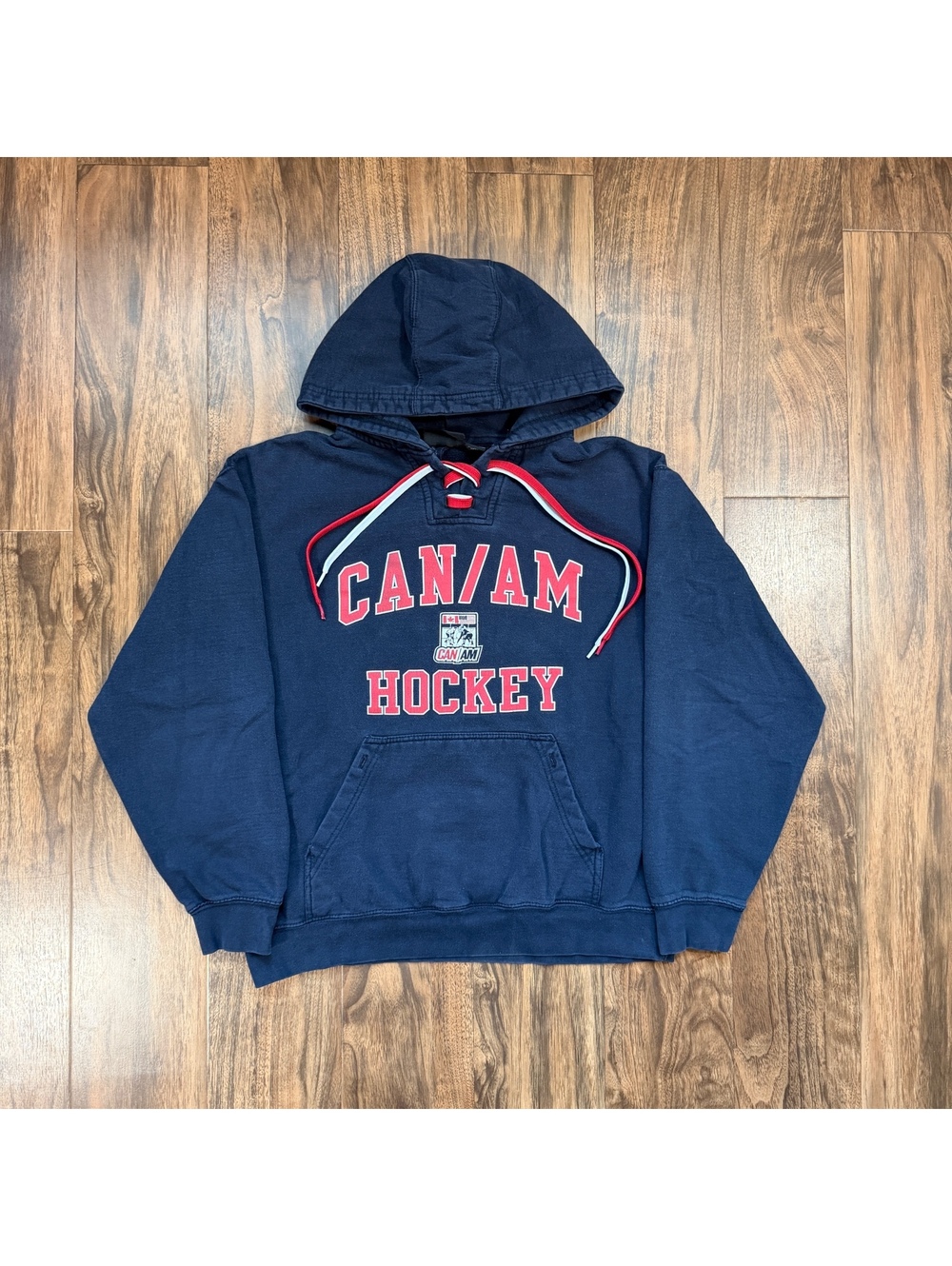 Vintage Pennant Can/Am Hockey Lace Up Hoodie Size M Navy Pullover Sweatshirt